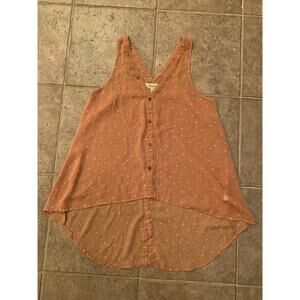 Decree Medium Sheer V Neck Hi Lo Tank Top Mustard Yellow Gold White Polka Dot